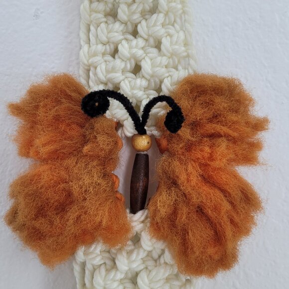Macrame Wall Hanger with Brown Wood Hoop Off White w Rust Orange Butterfly Towel - Picture 3 of 15